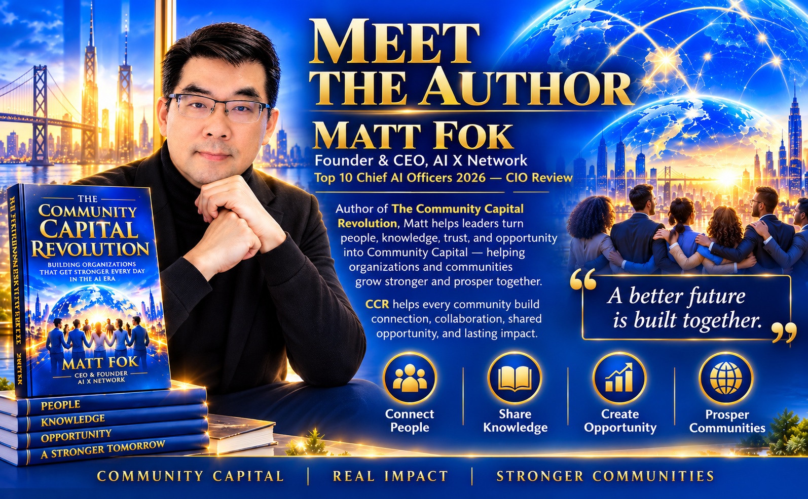 Matt Fok portrait alongside The Community Capital Revolution book and author information