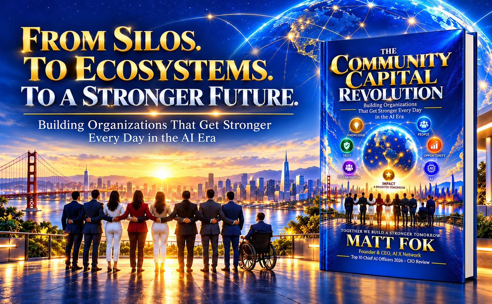 The Community Capital Revolution book beside a connected community illustration and sunset